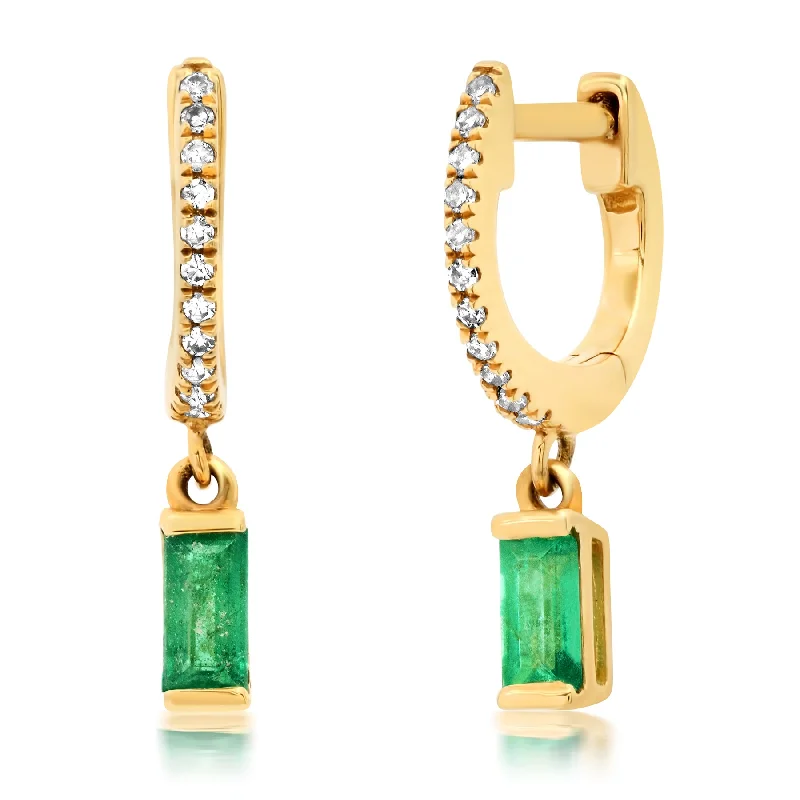 Women’s diamond band engagement rings-EMERALD AND DIAMOND DANGLE HUGGIES, 14KT GOLD