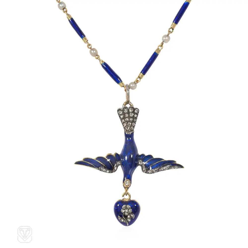 Women’s multi-strand necklaces-Antique French enamel and diamond bird and heart necklace