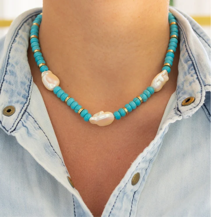 Women’s adjustable chain necklaces-Turquoise and Pearl Necklace