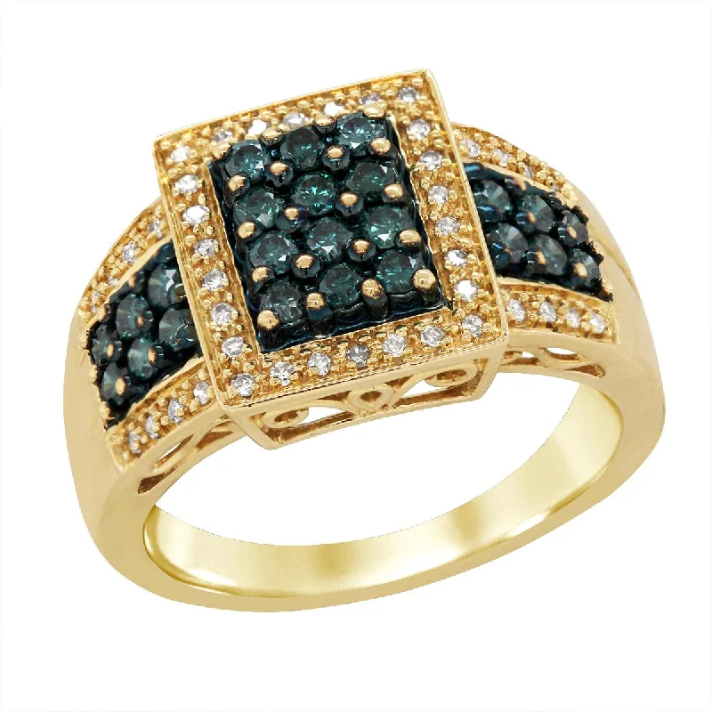 Women’s custom engagement ring designs-WIDE YELLOW GOLD RING WITH BLUE AND WHITE DIAMONDS, 3/4 CT TW