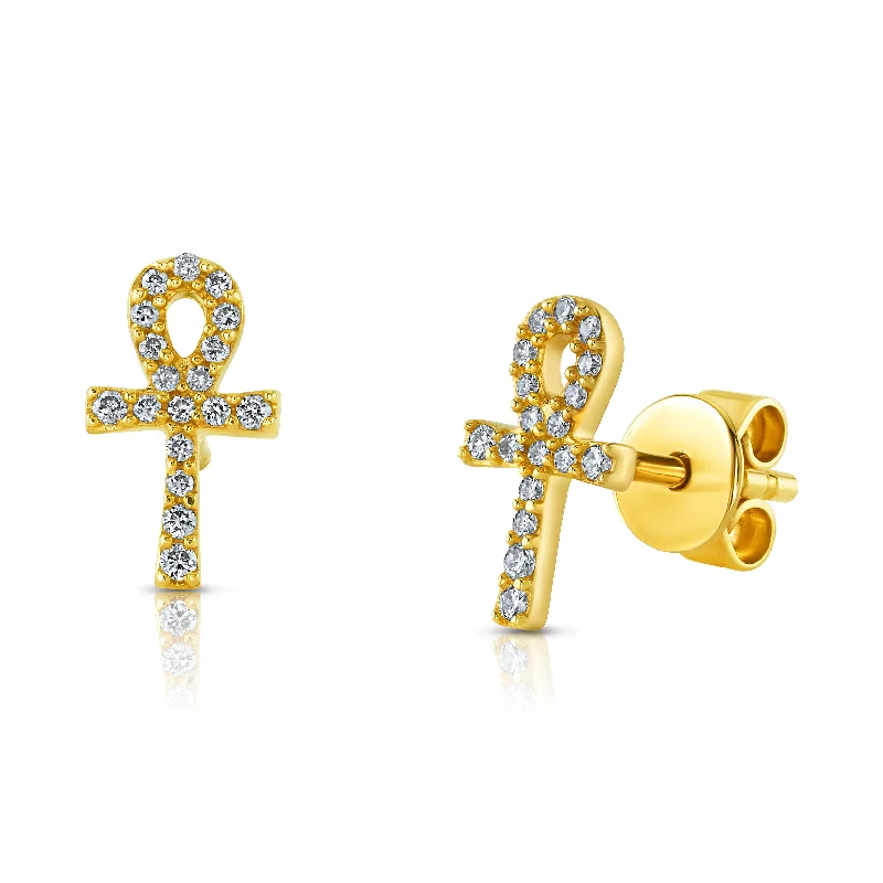 Women’s platinum band engagement rings-ANKH DIAMOND STUDS, 14kt Gold