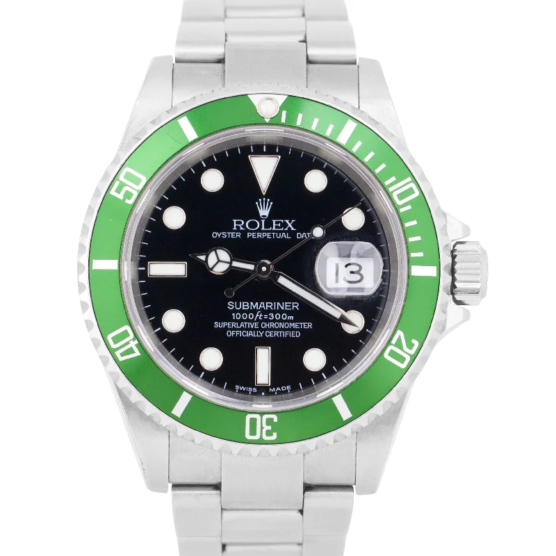 Unisex leather watches-Rolex Submariner Date 40mm Kermit NO-HOLES Green Steel FLAT 4 Watch 16610 LV