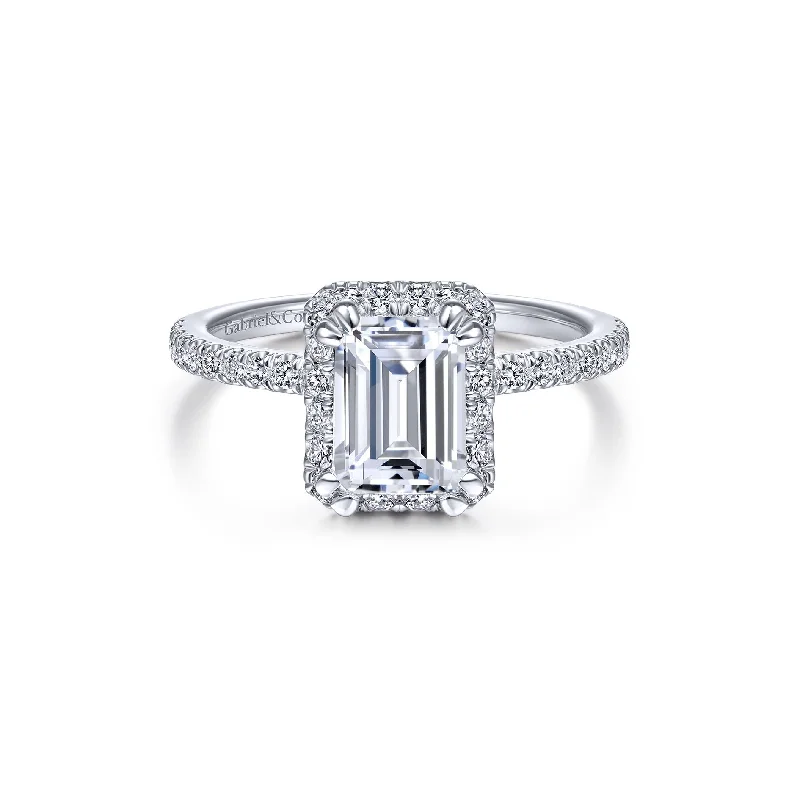 Women’s emerald-cut engagement rings-14K White Gold Diamond Emerald Halo Mounting