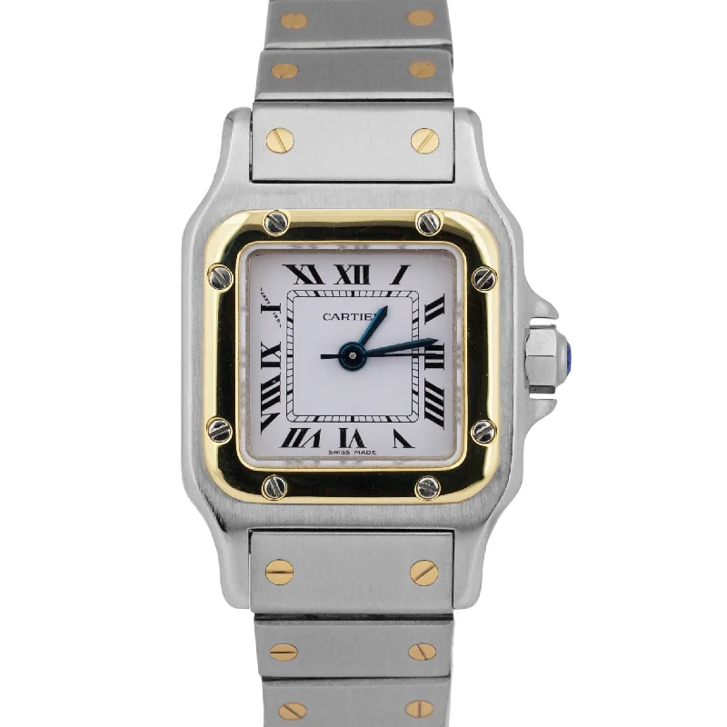 Unisex military design watches-Ladies Cartier Santos IVORY ROMAN 18K Gold Stainless AUTOMATIC 24mm Watch 0902