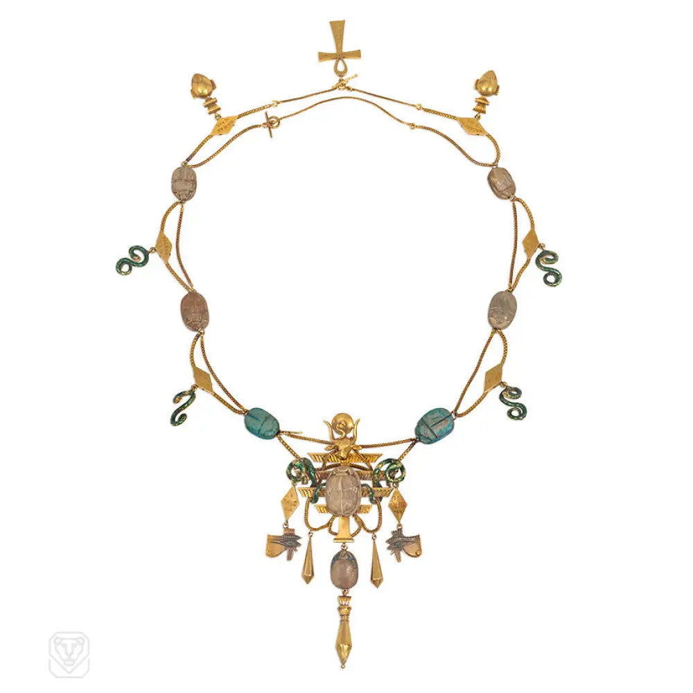 Women’s choker necklaces-Extraordinary antique gold, enamel, and faience Egyptian Revival necklace