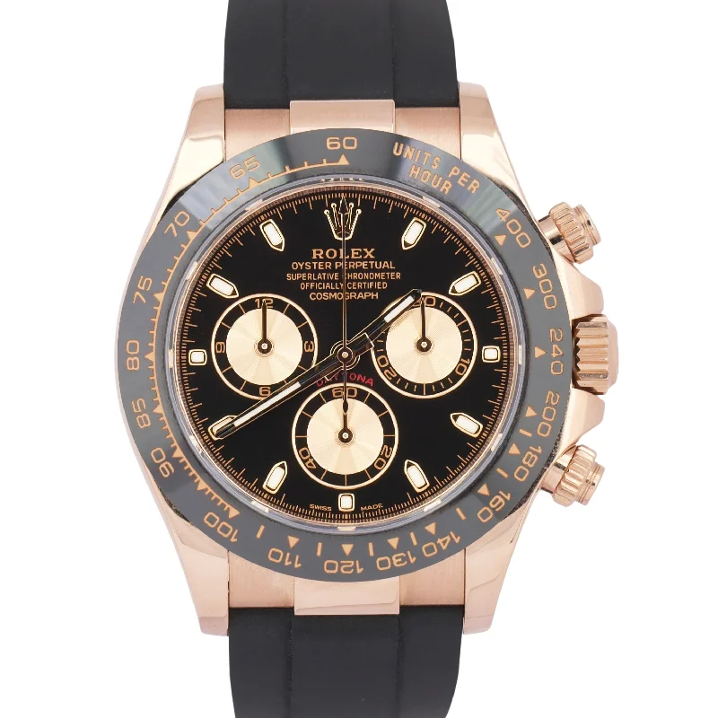 Unisex large face watches-MINT 2023 Rolex Daytona BLACK 18K Rose Gold Oysterflex Watch 116515 LN BOX