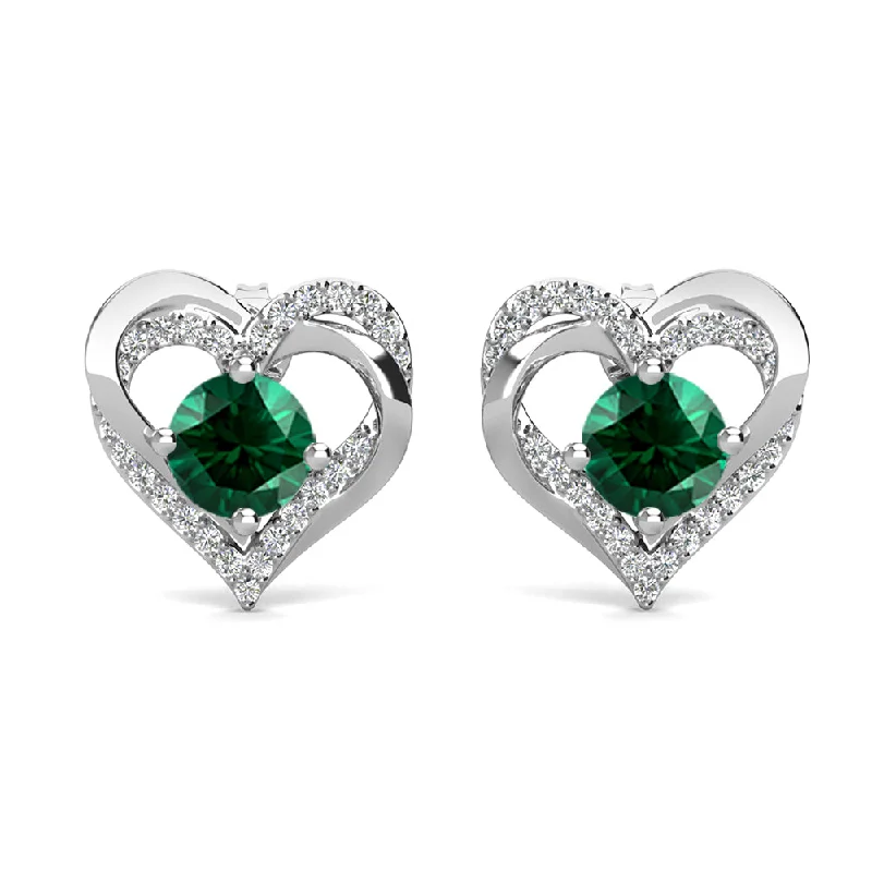 Women’s elegant earrings-Forever May Birthstone 18k White Gold Plated Silver Double Heart Emerald Earrings with Swarovski Crystals