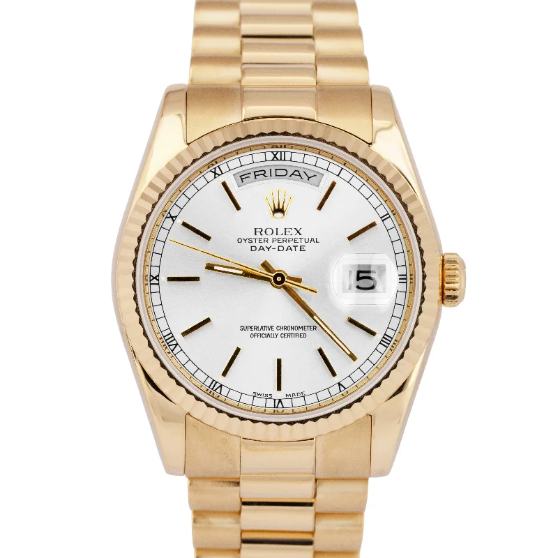 Unisex scratch-resistant watches-MINT PAPERS Rolex Day-Date President Silver 36mm 18K Yellow Gold 118238 BOX