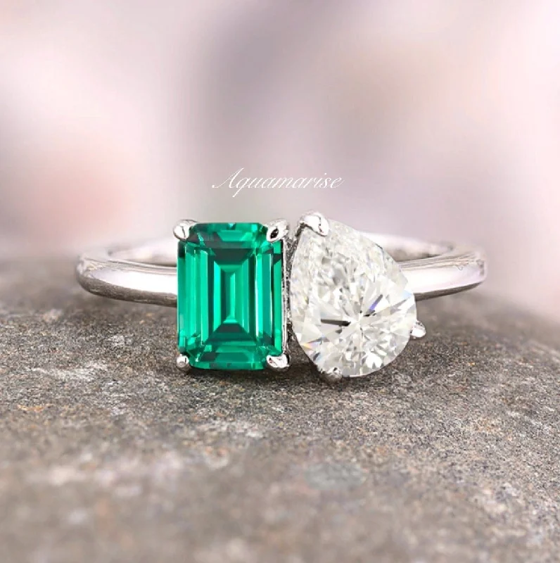 Women’s halo sapphire engagement rings-'Toi Et Moi' Minimalist Emerald & Diamond (cz) Ring- 925 Sterling Silver