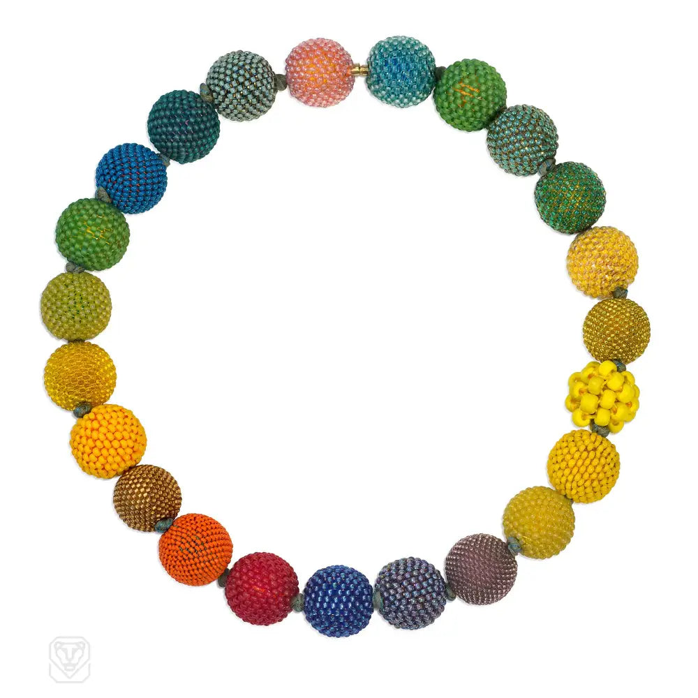 Women’s long necklaces-Handmade beaded ball necklace in mainly yellow, blue and green tones