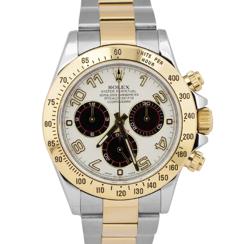 Unisex luxury watches-Rolex Daytona Cosmograph IVORY RACING Arabic 18K Yellow Gold Steel Watch 116523