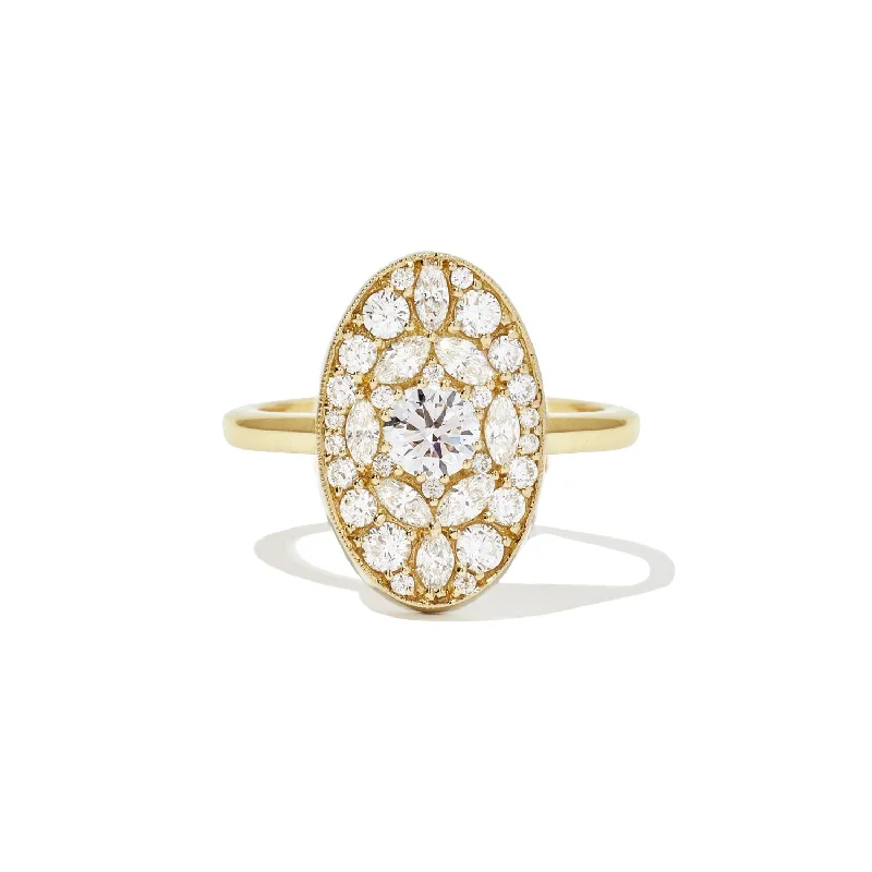 Women’s white gold engagement rings-Oval Shape Marquise and Round Brilliant Cut Diamond Mosaic Ring