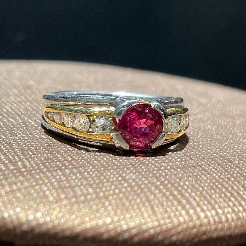 Women’s luxury solitaire engagement rings-ESTATE 18K YELLOW GOLD & PLATINUM RING WITH RUBELLITE CENTER AND DIAMOND ACCENTS