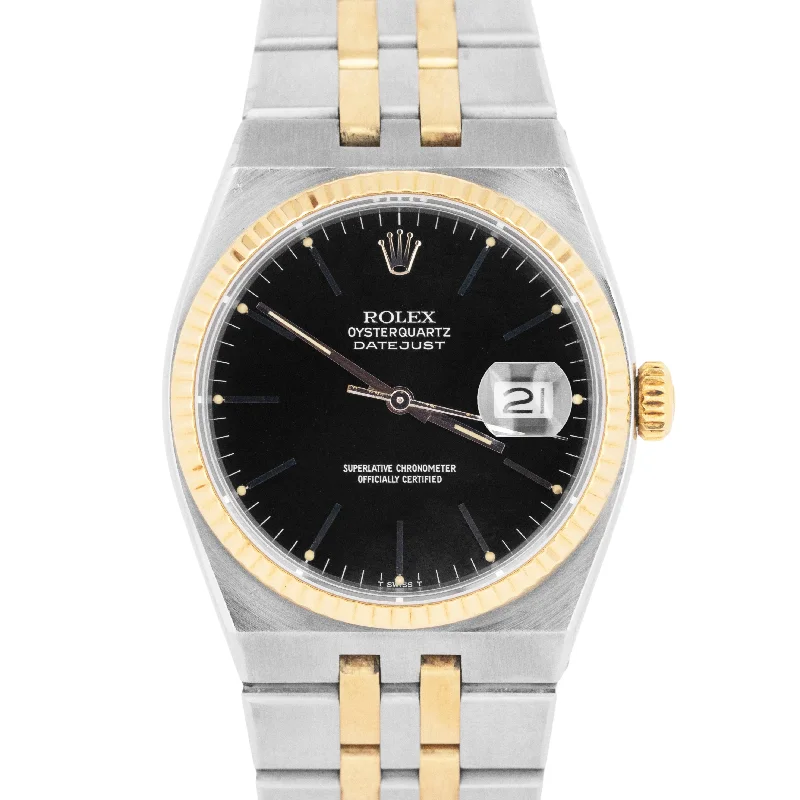 Unisex black leather watches-MINT Rolex Oysterquartz DateJust 36mm Black Two-Tone 18K Yellow Gold Watch 17013