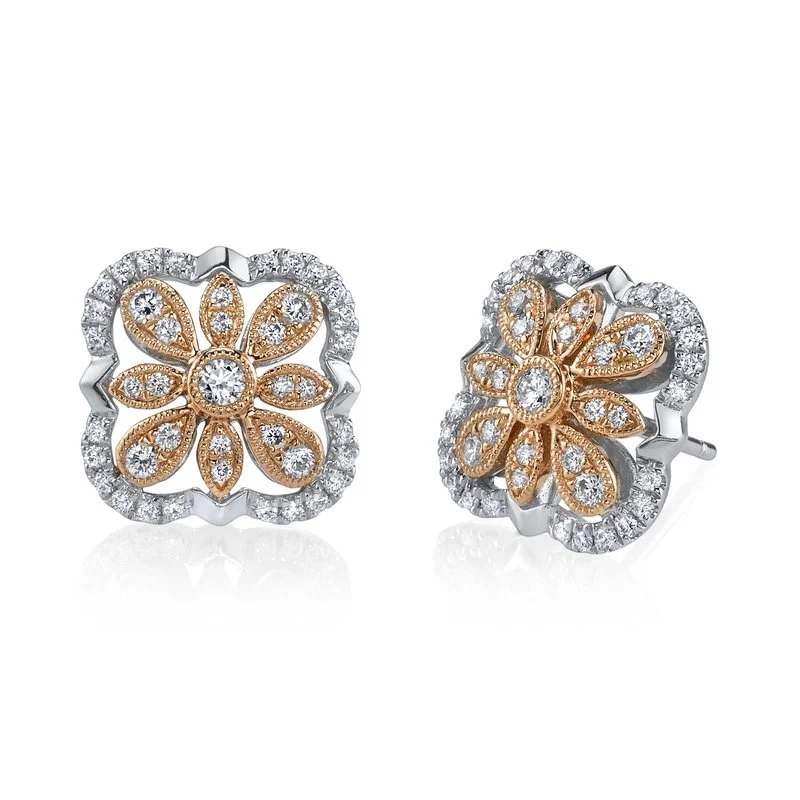 Women’s rose gold earrings-14K Two-Tone Gold 0.28ct. Diamond Filigree Design Stud Earrings