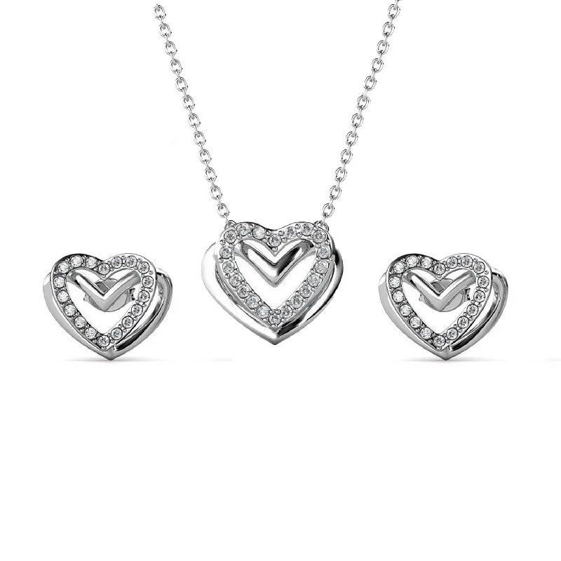 Women’s trendy earrings-Cathy 18k White Gold Heart Necklace and Stud Earrings Jewelry Set with Crystals