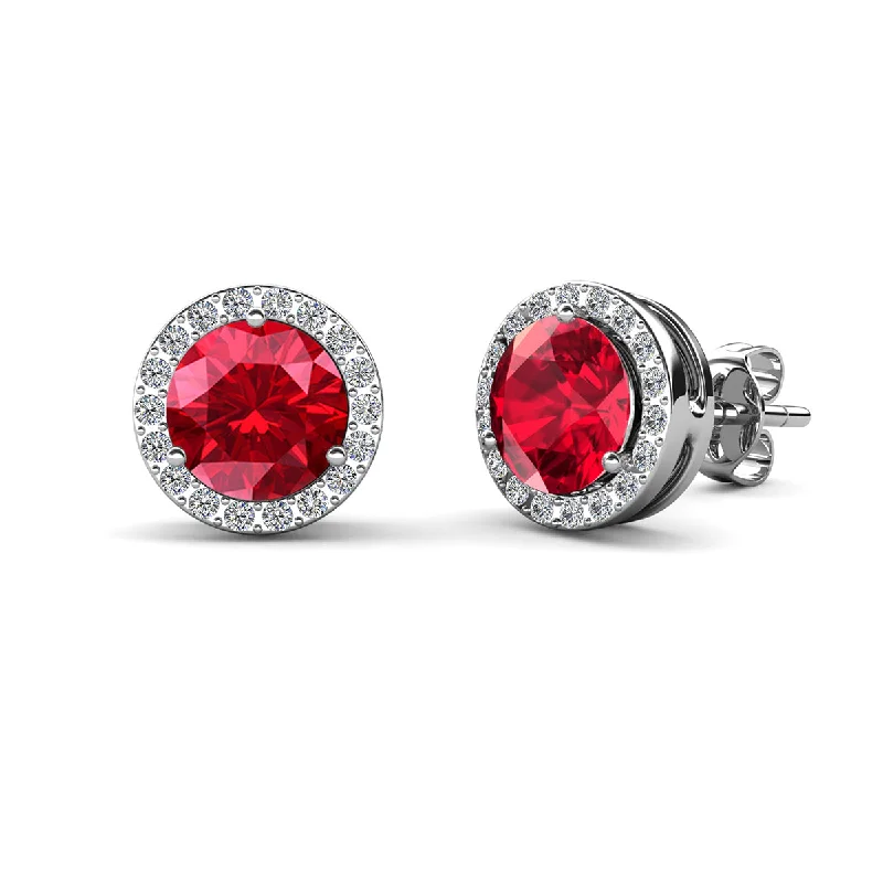 Women’s geometric earrings-Royal 18k White Gold Plated July Birthstone Halo Earrings with Round Cut Ruby Red Swarovski Crystals