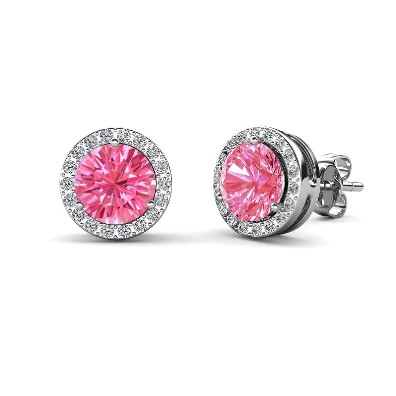 Women’s fashion dangle earrings-Royal 18k White Gold Plated October Birthstone Halo Earrings with Round Cut Pink Tourmaline Swarovski Crystals