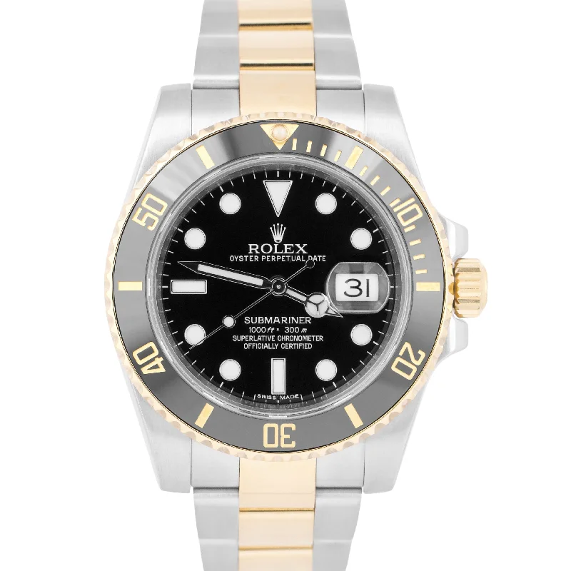 Unisex chronograph watches-PAPERS Rolex Submariner Date Ceramic Black 40mm 18K Gold Steel 116613 LN BOX