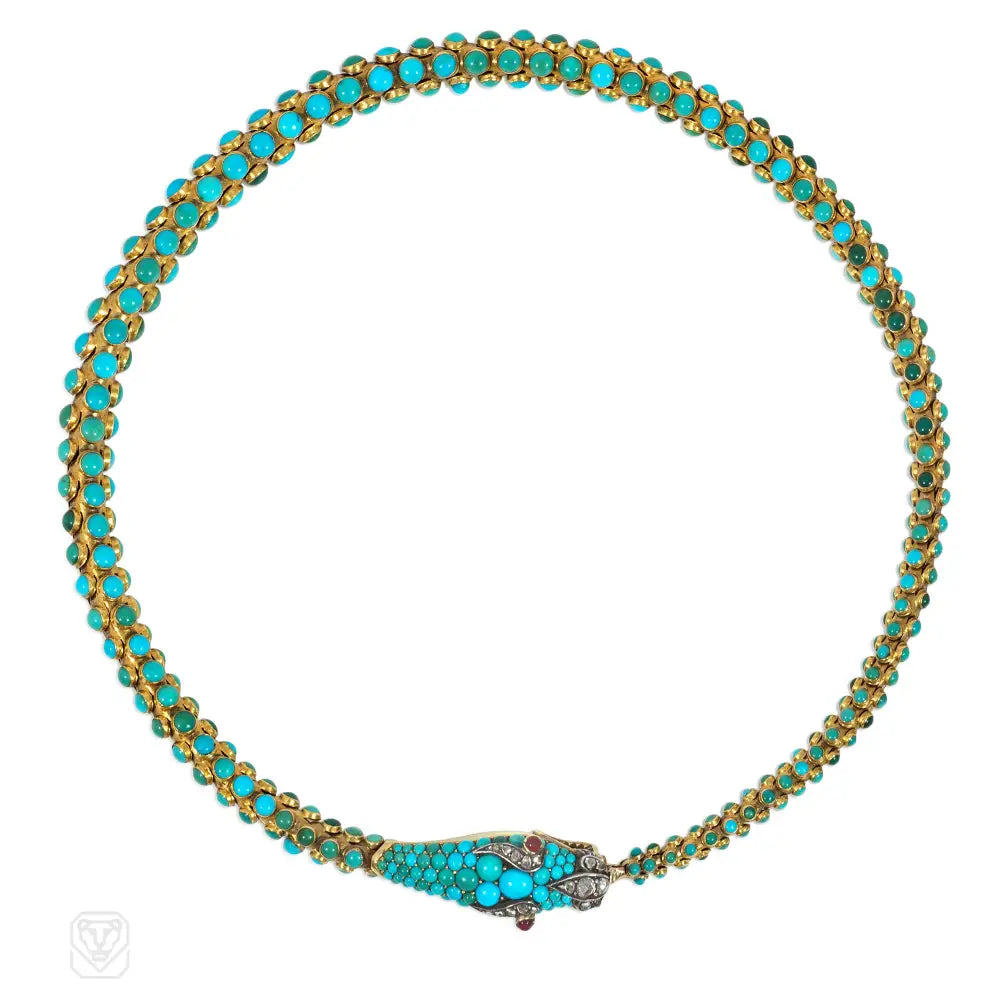 Women’s stackable necklaces-Antique gold and turquoise snake necklace