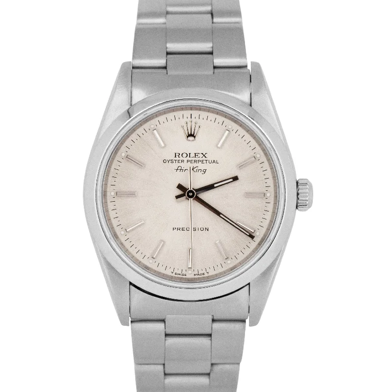 Unisex slim wristwatches-MINT Rolex Air-King Precision Silver Stainless Steel Oyster 34mm Watch 14000