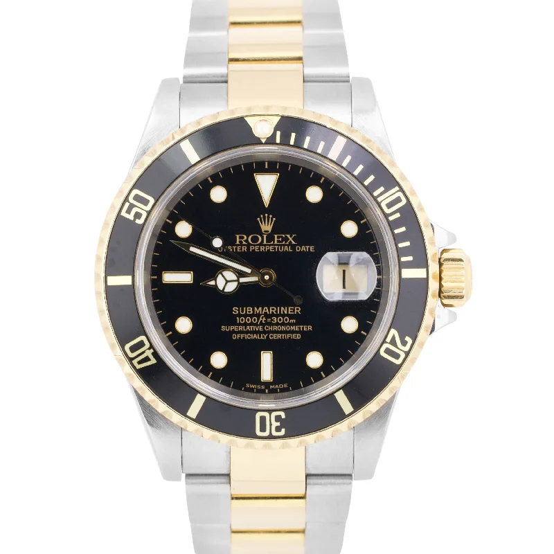 Unisex square watches-PAPERS Rolex Submariner Date 40mm BLACK Two-Tone 18K GOLD BUCKLE Steel 16613 BOX