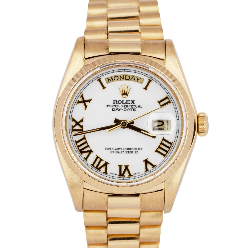 Unisex silver watches-Rolex Day-Date President White Roman 36mm 18K Yellow Gold Fluted Watch 18038 BOX