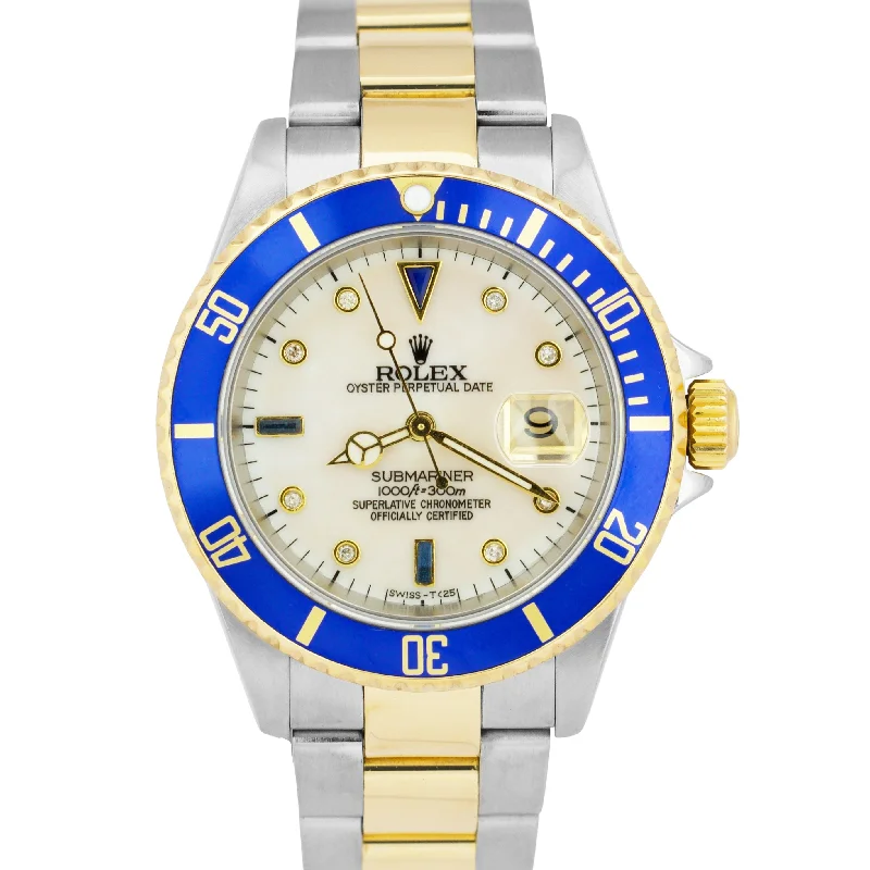 Unisex date display watches-Rolex Submariner Date NO-HOLES Steel 18K Gold MOP DIAMOND Blue 40mm 16613 T BOX