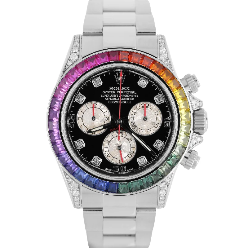 Unisex leather band watches-Rolex Daytona Cosmograph Stainless Steel RAINBOW DIAMOND Black 40mm 116500 Watch