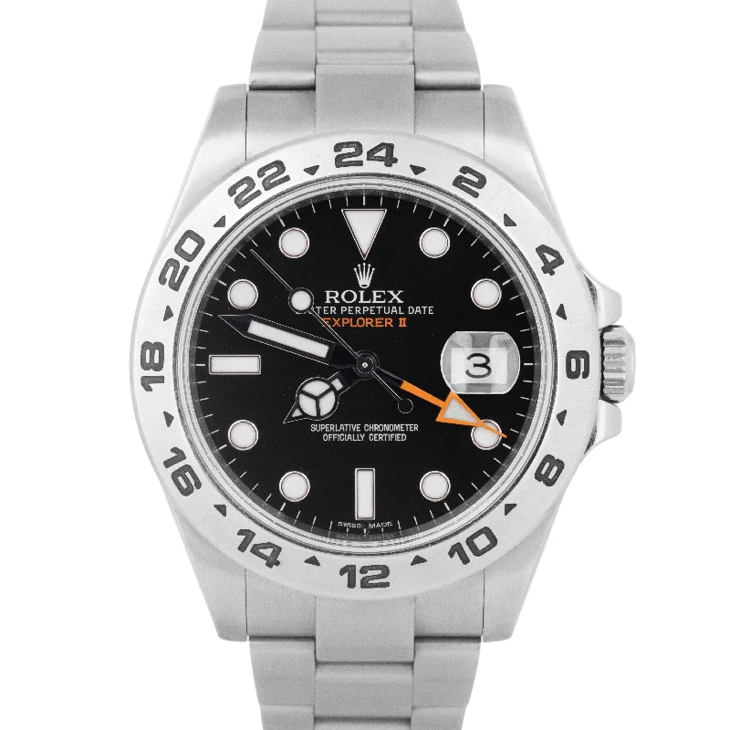 Unisex waterproof leather watches-Rolex Explorer II BLACK 42mm Stainless Steel Orange GMT Automatic Watch 216570