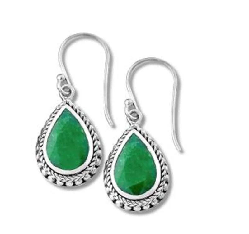 Women’s clip-on earrings-Sterling Silver Pear Shaped Emerald Drop Earrings by Samuel B.