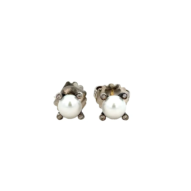 Women’s diamond stud earrings-Estate David Yurman Pearl and Diamond Earrings in Sterling Silver and 14k Yellow Gold