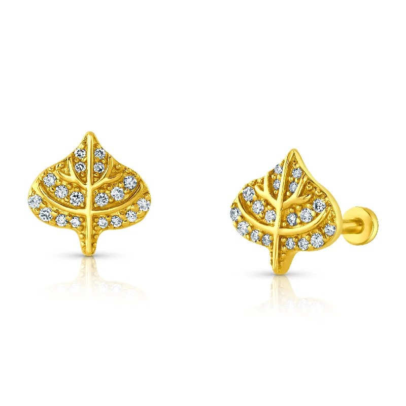 Women’s silver engagement rings-SINGLE ASPEN LEAF DIAMOND FLAT BACK STUD, 14kt Gold