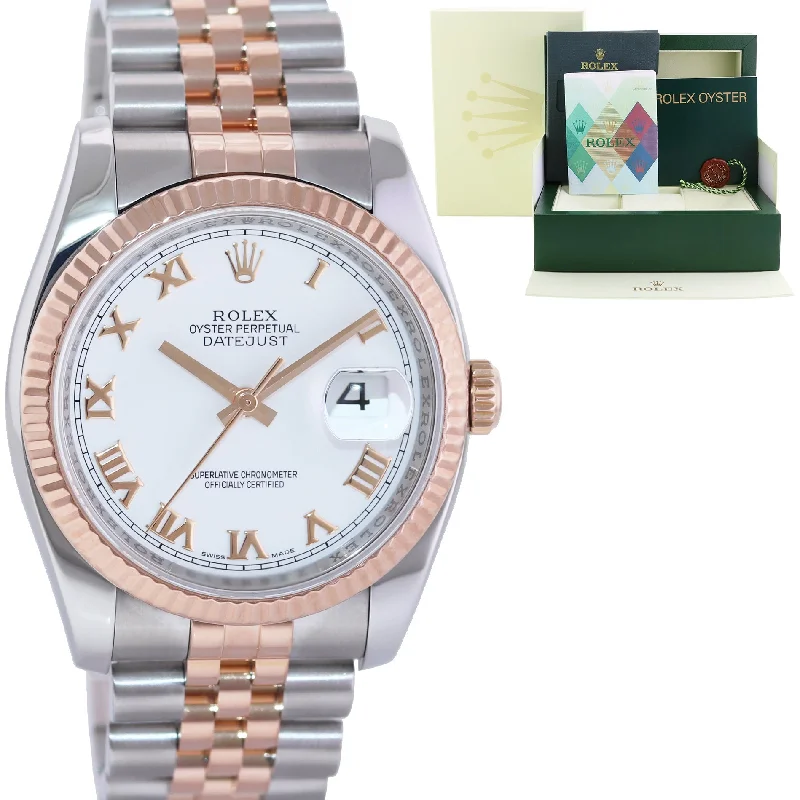 Unisex solar-powered watches-PAPERS MINT Rolex DateJust Jubilee Two Tone Steel 36mm 116231 Rose Gold White Roman Watch