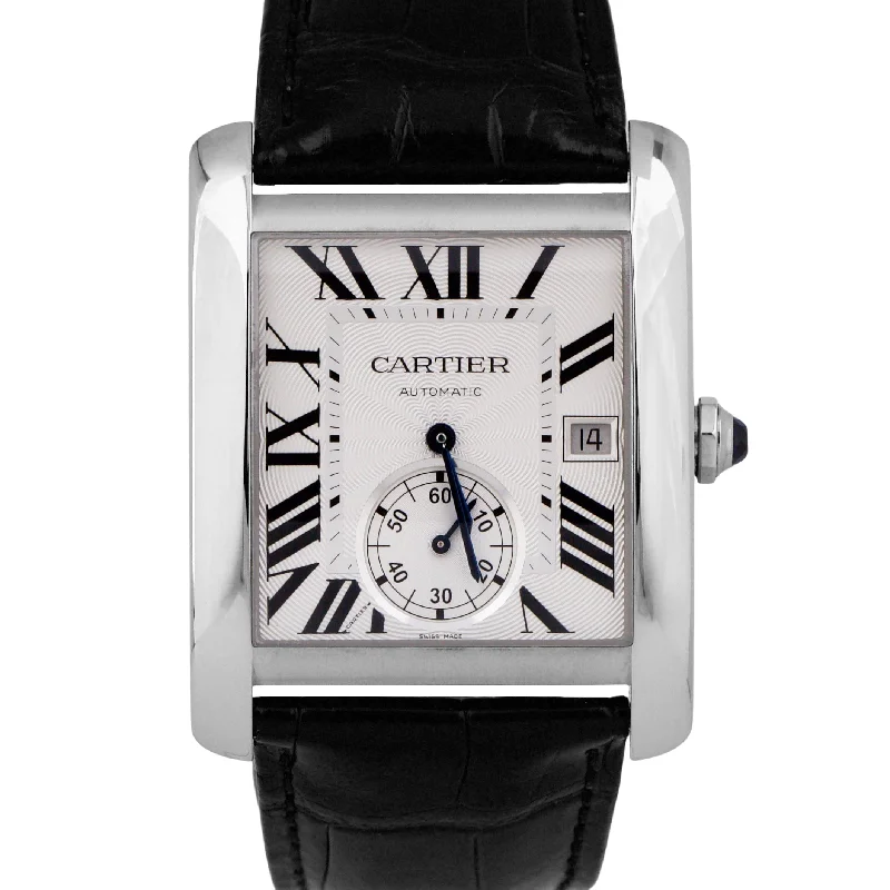 Unisex ceramic watches-MINT Cartier Tank Mc SILVER ROMAN Automatic Leather 34mm x 24mm 3589 W5330004