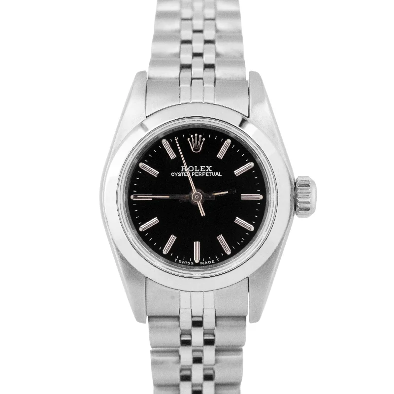 Unisex leather watches-MINT PAPERS Ladies Rolex Oyster Perpetual Black Steel 24mm Watch 67180 BOX