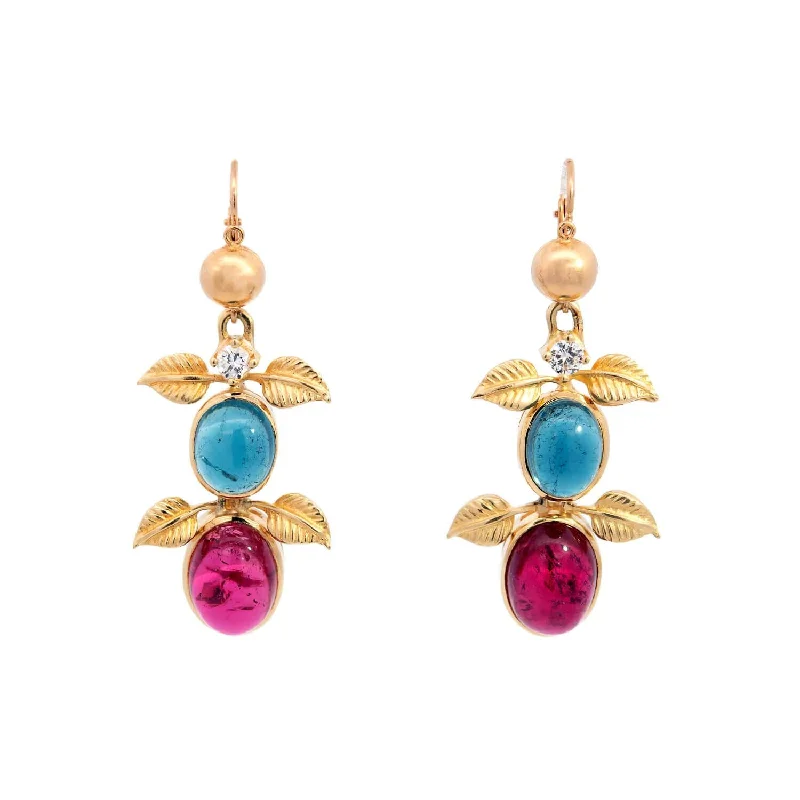 Women’s gold plated stud earrings-UNO A ERRE Estate 18k Tourmaline, Rubellite, and Diamond Foliage Drop Earrings