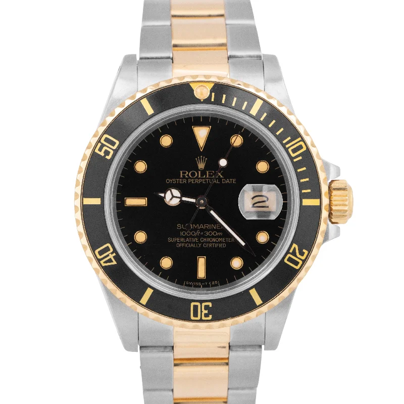 Unisex vintage-style leather watches-1987 PAPERS Rolex Submariner Date Two-Tone 18K Gold Black 40mm 16803 Watch BOX