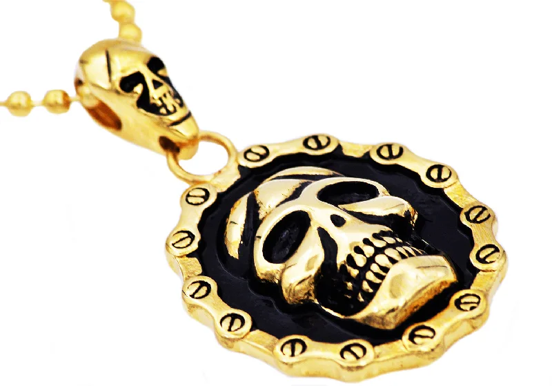 Women’s silver-plated necklaces-Mens Black And Gold Stainless Steel Biker Skull Pendant Necklace With 24" Bead Chain