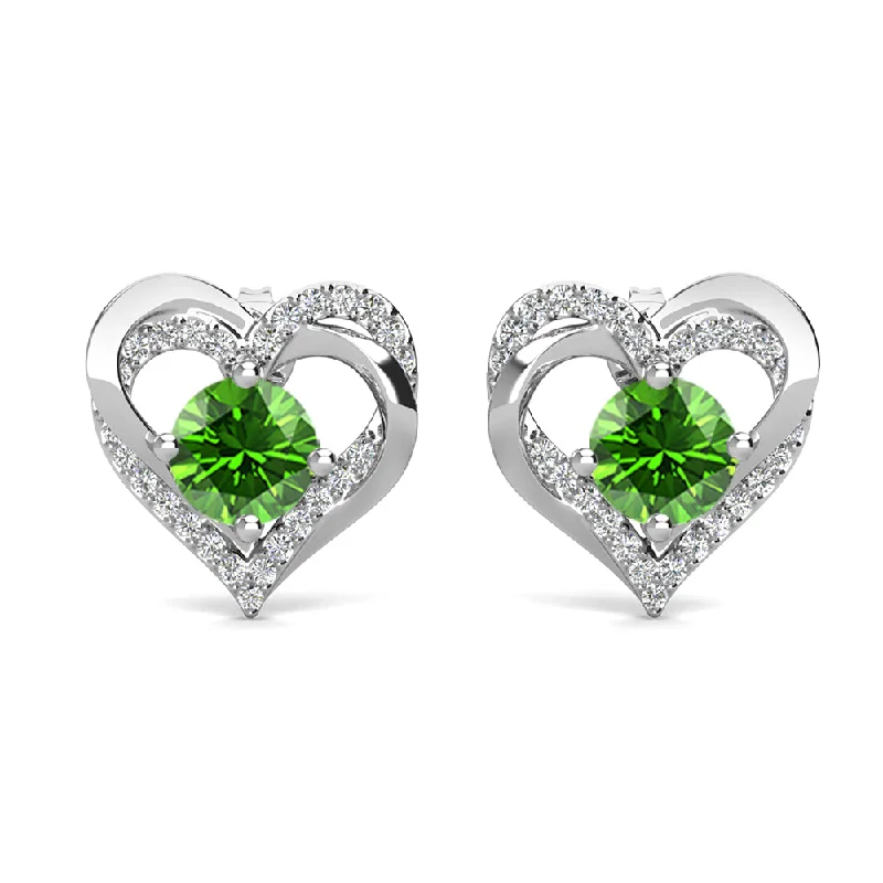 Women’s handcrafted earrings-Forever August Birthstone Peridot Earrings 18k White Gold Plated Silver Double Heart Earrings with Swarovski Crystals