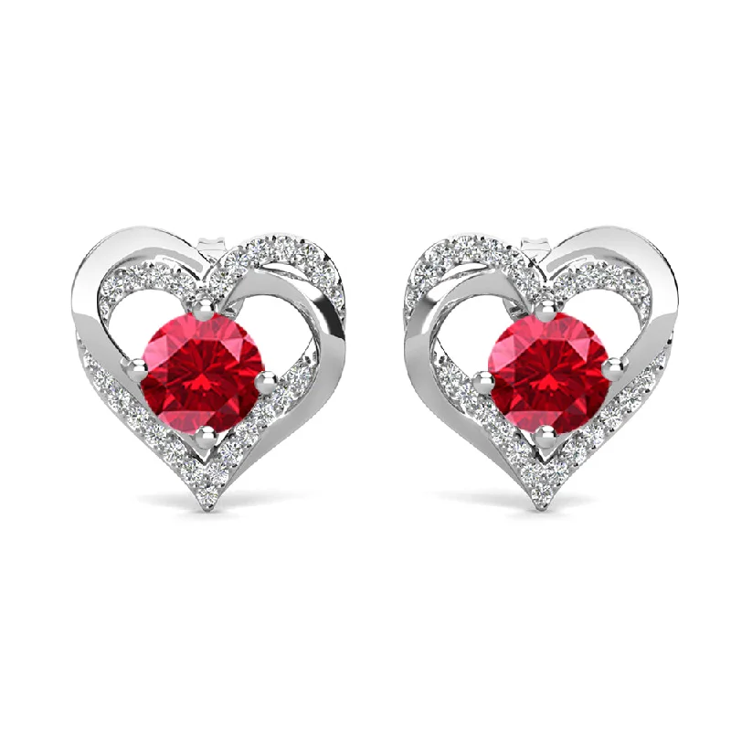 Women’s pearl drop earrings-Forever July Birthstone 18k White Gold Plated Silver Double Heart Ruby Earrings with Swarovski Crystals