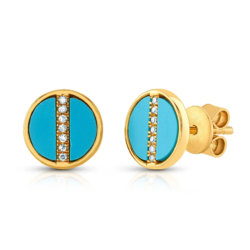 Women’s round diamond engagement rings-DIAMOND & TURQUOISE DISC STUDS, 14kt gold