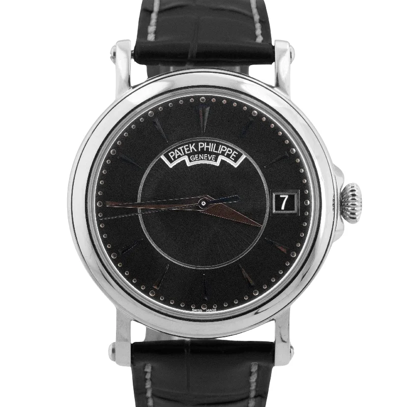 Unisex big dial watches-PAPERS Patek Philippe Calatrava Black 18K White Gold 38mm Watch 5153G-001 BOX