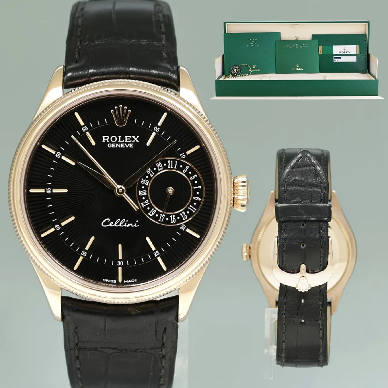 Unisex retro style watches-MINT PAPERS Rolex Cellini Rose Gold Black Automatic 39mm Leather 50515 Watch Box