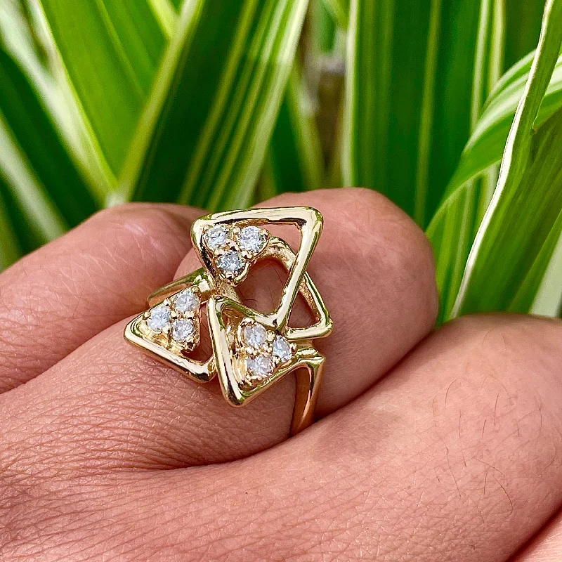 Women’s asscher cut engagement rings-Estate 14k Yellow Gold Trillion Diamond Cluster Ring: Geometric Elegance