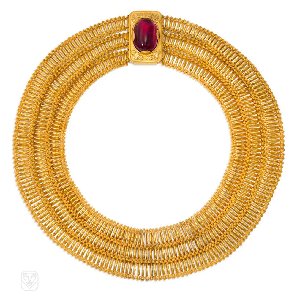 Women’s fancy necklaces-Georgian gold three-row necklace with garnet clasp