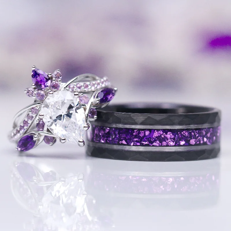 Women’s vintage engagement rings-Feyre Amethyst & Diamond (cz) Leaf Couples Ring