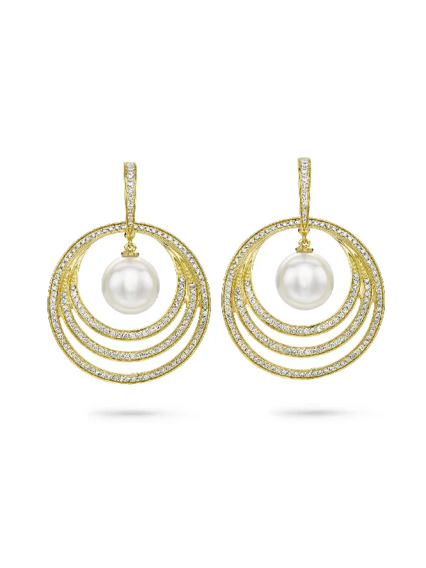 Women’s butterfly diamond earrings-Roulette Diamond Pearl Yellow Gold Drop Earrings