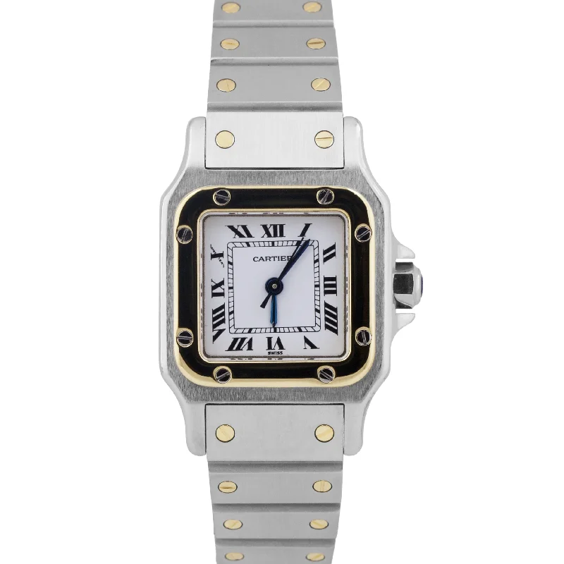 Unisex modern watches-Ladies Cartier Santos IVORY ROMAN 18K Gold Stainless AUTOMATIC 24mm Watch 0902