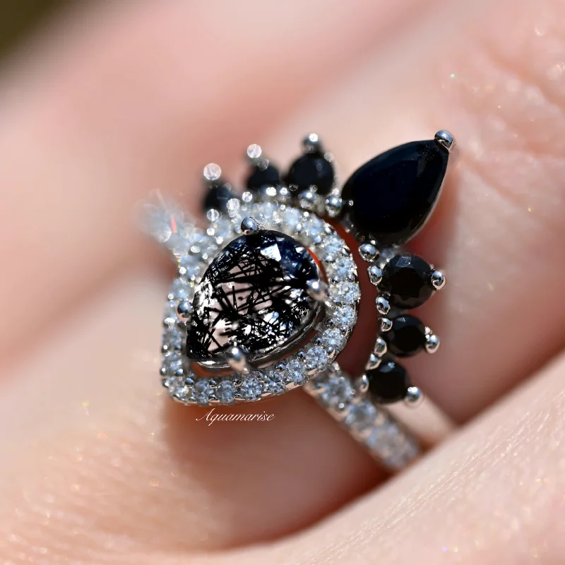 Women’s luxury solitaire engagement rings-Amy Rutilated Quartz & Black Diamond (Onyx) Ring Set- 925 Sterling Silver